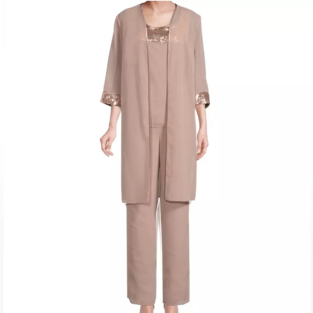 Le Bos Modern Three Piece Outfit Sequin Kimono Tank Top Pants Mocha Size 10 NWT